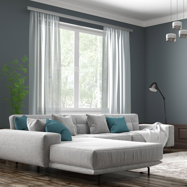 living room with white curtains